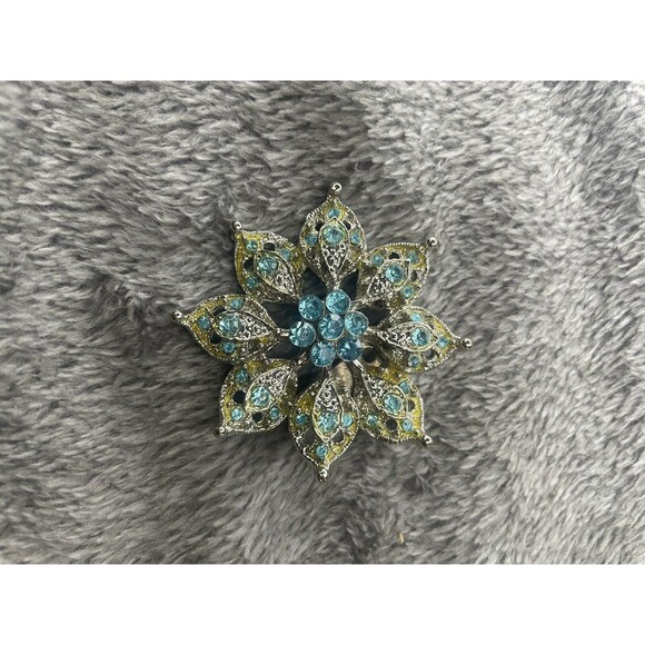Aqua Blue Rhinestone Brooch Yellow/Green Accents Silver Tone 1.75" Round Pin - Picture 8 of 11